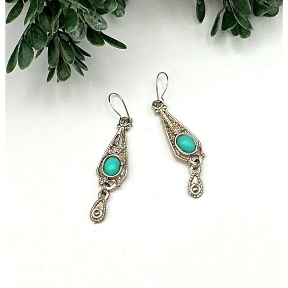 Vintage-Inspired Silver Tone Drop Earrings With Filigree Design and a Turquoise - Picture 2 of 7